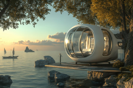A futuristic living pod sits on the water's edge as the sun sets, illuminating nearby sailboats and rocks.の写真素材