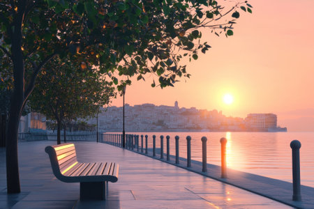 A peaceful waterfront bench overlooks a city as the sun sets, casting warm hues on the water.の写真素材
