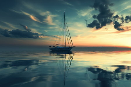 A yacht floats serenely on tranquil waters, reflecting the vibrant colors of the sunset sky.の写真素材