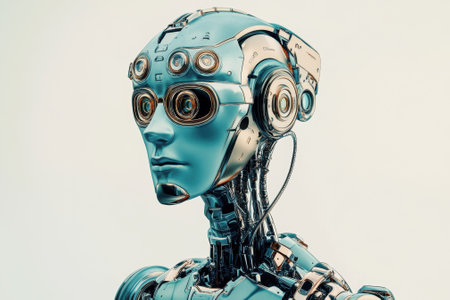A robotic figure with large optics and a sleek frame stands out in a minimalist setting.の写真素材
