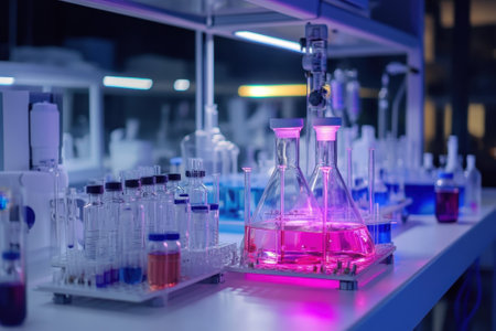 Colorful glassware and various chemicals are arranged on a lab table, illuminated by blue and pink lights.の写真素材