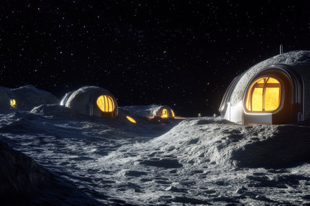 Futuristic lunar habitat structures glow warmly at night, set against a vast star-filled sky on the moon.の写真素材