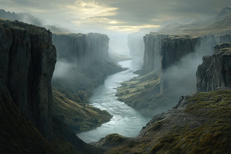 A winding river flows through a dramatic canyon, shrouded in mist and surrounded by rugged cliffs at dawn.の写真素材
