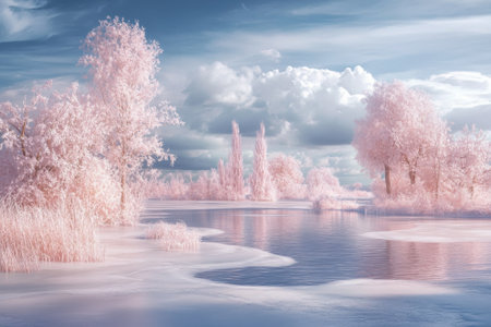 A serene winter scene shows soft pink trees and calm water reflecting a cloudy sky.の写真素材
