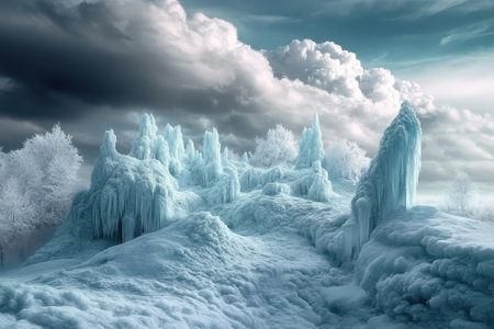 Icicles and ice structures rise amidst a snowy terrain under an overcast sky during winter.の写真素材