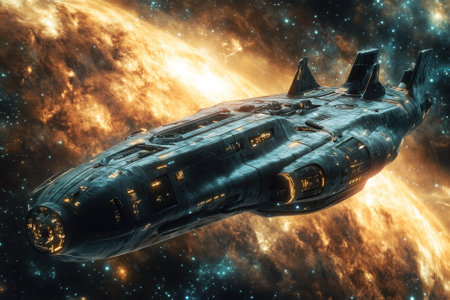 A futuristic spacecraft glides through a colorful galaxy, surrounded by brilliant stars and swirling nebulas.の写真素材