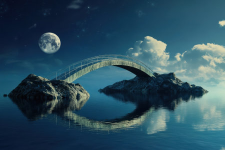 A serene bridge arches over calm water, reflecting the moon and clouds in a tranquil night setting.の素材