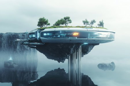 A sleek, modern building hovers over calm water, featuring lush greenery on its rooftop in a misty setting.の写真素材