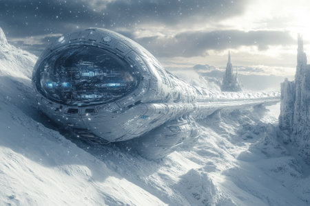 A sleek, advanced spacecraft is parked in a snowy terrain surrounded by icy formations and a dramatic sky.の写真素材