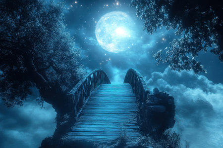 A wooden bridge arches gracefully beneath a glowing blue moon surrounded by clouds and stars.の写真素材