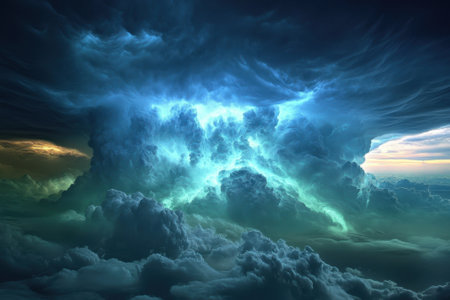 Thick, dynamic clouds gather in the sky, illuminated by a vibrant blue glow as evening approaches.の写真素材