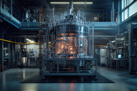 A large bioreactor is actively processed in a high-tech laboratory, illuminated by natural light from windows.の写真素材