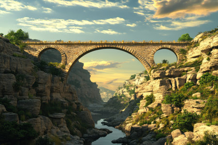 A stunning stone bridge spans a deep canyon, with golden sunlight illuminating the scene, enhancing the natural beauty.の写真素材