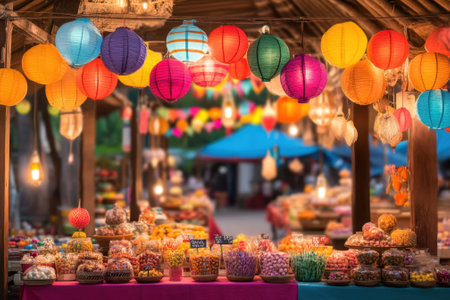 Colorful lanterns illuminate a busy market stall offering fresh fruits, sweets, and local crafts as night falls.の写真素材
