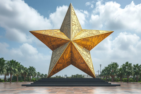 A grand golden star monument stands tall in a park, surrounded by palm trees under a bright sky.の写真素材