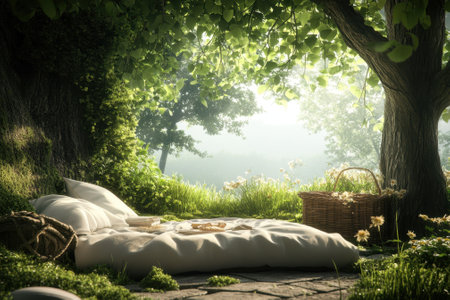 A lush outdoor area features a comfortable blanket, snacks, and a picnic basket amidst vibrant greenery.の写真素材
