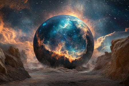 A luminous sphere of galaxies hovers in a surreal landscape filled with ethereal clouds and stars.の写真素材