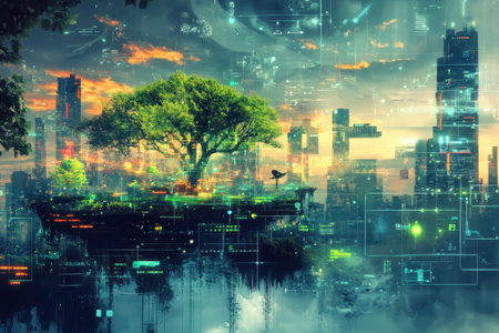 A large tree stands on a floating island amid a skyline, surrounded by illuminated buildings and digital elements.の写真素材