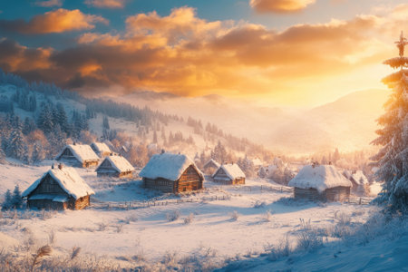 Snow blankets quaint wooden houses as the sun sets behind the snowy mountain peaks, creating a serene atmosphere.の写真素材