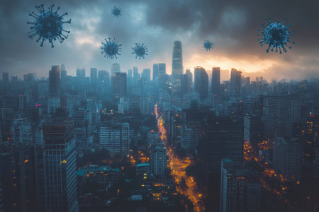 The city skyline glows at dusk, while virus icons hover above representing the ongoing health crisis.の写真素材