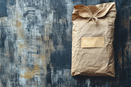 A simple brown paper package sits on a weathered wooden surface, showing a natural and rustic aesthetic.の写真素材