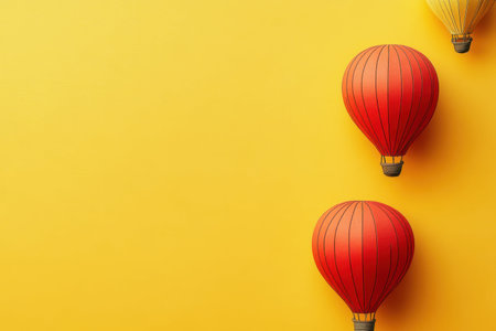 Three vibrant hot air balloons in red and yellow hover against a bold yellow backdrop, creating a lively atmosphere.の写真素材