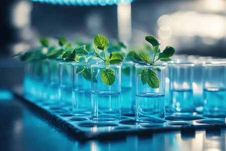Young plants thrive in transparent containers filled with water, illuminated by blue lights.の写真素材