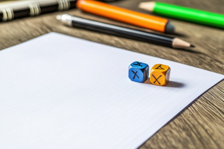 Two colorful dice sit next to blank paper on a wooden desk amid assorted drawing tools in a creative setting.の写真素材