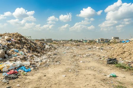 Overflowing trash piles dominate the landscape in a neglected area with scattered clouds above.の写真素材