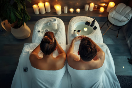 A couple enjoys a tranquil spa session with candles and soothing treatments in a peaceful atmosphere.の写真素材