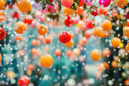 A variety of fruits hang above, surrounded by shimmering bubbles, in a lively urban atmosphere.の写真素材
