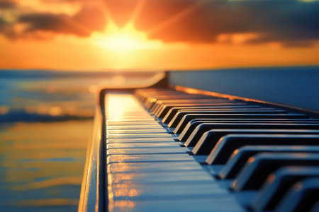 A grand piano rests on the beach, highlighted by the warm glow of a sunset over the tranquil ocean.の写真素材