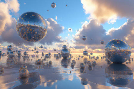 Metallic spheres float above a serene water surface, creating reflections at sunset amidst colorful clouds.の写真素材