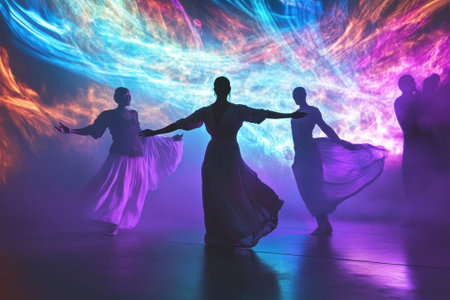 Dancers showcase their skills under vibrant lighting, creating a mesmerizing atmosphere during the performance.の写真素材
