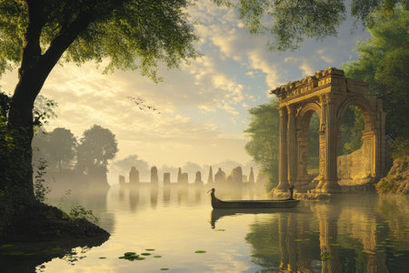A tranquil morning scene features a boat gliding along a misty river near ancient stone ruins under soft sunlight.の写真素材