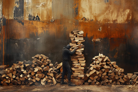 A person carefully arranges firewood into a neat stack against a weathered backdrop in case.の写真素材