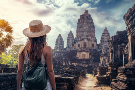 A traveler with a hat and backpack admires the stunning temple ruins in Cambodia at dusk.の写真素材