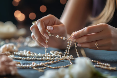 A person meticulously designs a pearl necklace, surrounded by blossoming flowers and soft lighting.の写真素材
