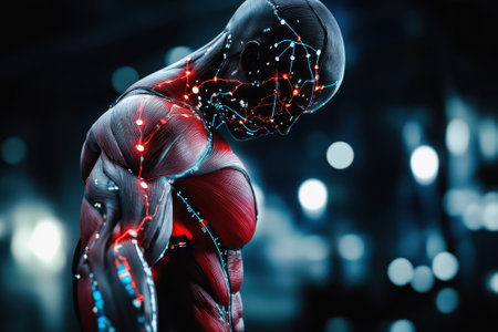 A human figure with intricate neural connections is shown in a high-tech space with glowing lights.の写真素材