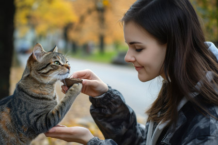 A girl feeds a cat with a treat while enjoying a sunny autumn day in a park setting.の写真素材