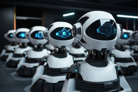 Rows of advanced robots await activation in a high-tech laboratory, showing cutting-edge design and features.の写真素材