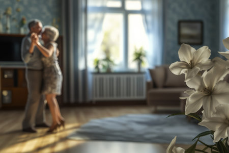 A couple enjoys a tender dance in a warmly lit living room adorned with blooming flowers and soft furnishings.の写真素材