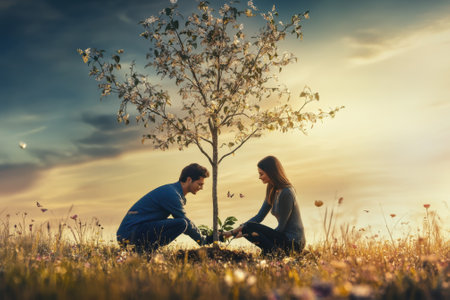 A couple kneels in a grassy field, planting a young tree together as the sun sets in the background.の写真素材