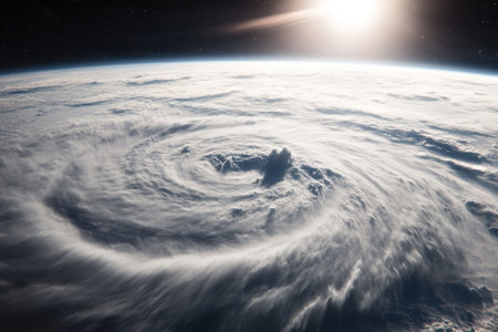 The image showcases a powerful hurricane forming over the ocean with swirling clouds, illuminated by a setting sun.の写真素材