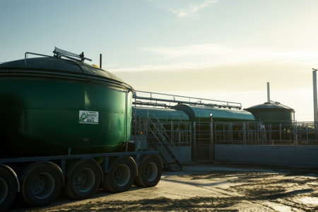 Green storage tanks stood adjacent to a treatment facility with a clear horizon as the sun sets.の写真素材