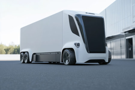 A sleek, futuristic electric truck stands in a modern industrial area, reflecting innovative transportation technology.の写真素材