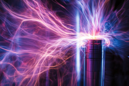 Bright arcs of electric discharge fill the dark space, demonstrating the beauty of energy and plasma interaction.の写真素材