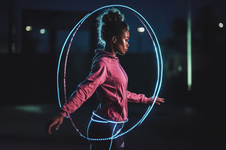 A performer showcases impressive hula hoop skills at night, illuminated by vibrant neon lights in an urban environment.の写真素材