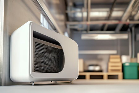 An air conditioning unit is installed in a clean industrial space featuring open floors and minimalistic design.の写真素材