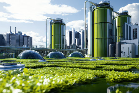 Bioreactor facility features large green silos and innovative ecosystems designed for clean energy production.の写真素材